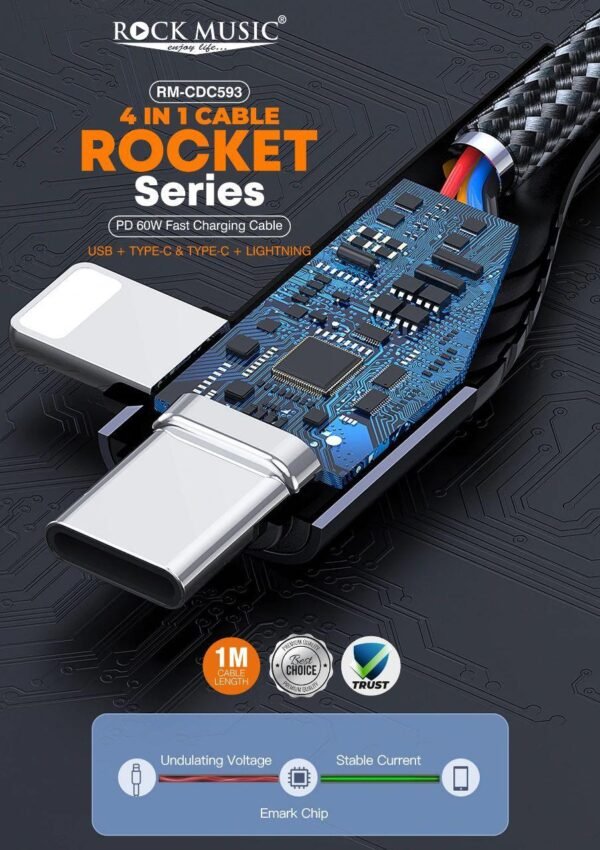 4 IN 1 CABLE ROCKET Series PD 60W Fast Charging Cable USB+ TYPE-C & TYPE-C + LIGHTNING