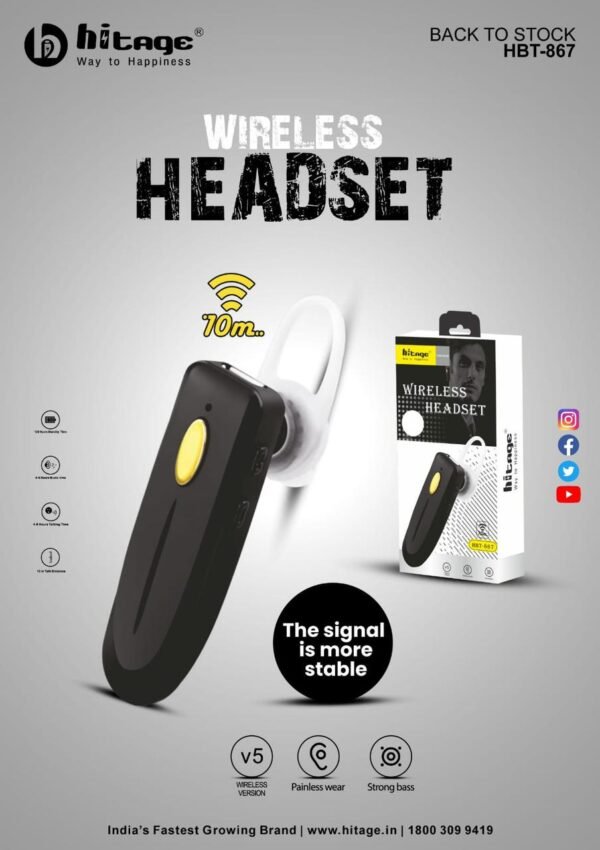 Hitage HBT-867 SINGLE EAR WIRELESS LOOK LOW TO HIGH Bluetooth Headset  (Black, In the Ear)